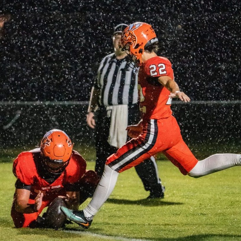 South Gibson's Max McGowan (22) kicks an extra point against South Side during a Region 7-4A high school football game at South Gibson on Sept. 11, 2026. Photo by Jacob Bateman.