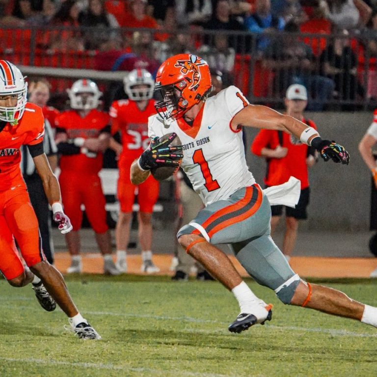 South Gibson's Jaxon Young (1) cuts up the field against Dyer County during a Region 7-4A high school football game at Dyer County on Sept. 25, 2026. Photo by Jacob Bateman. 