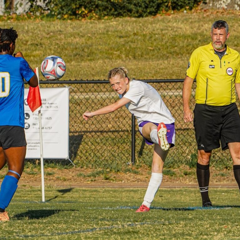 Milan's Willow Criswell (3) crosses the ball against North Side during a high school girls soccer match at North Side on Sept. 7, 2026. Photo by Jacob Bateman.