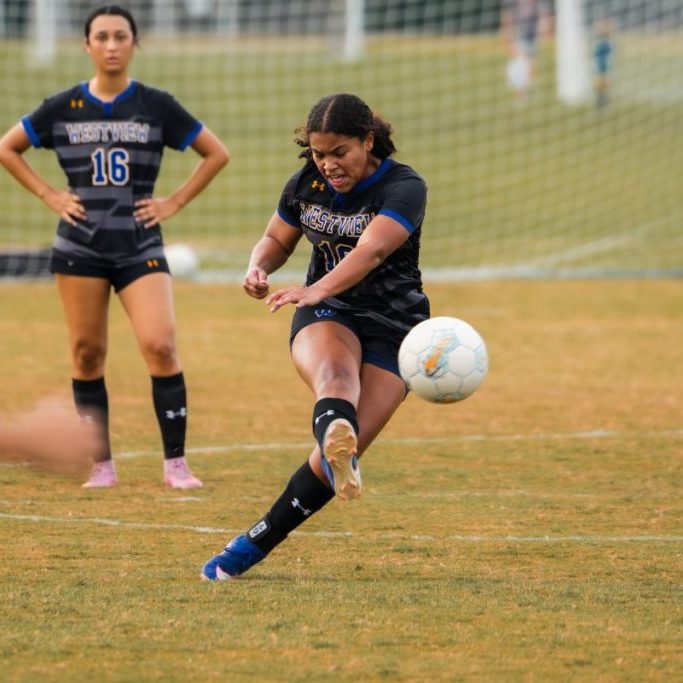 Westview's Ashlee Brent (10) kicks the ball against Dyersburg during a high school girls soccer match at Martin City Park on Aug. 17, 2026. Photo by Christel Laney.