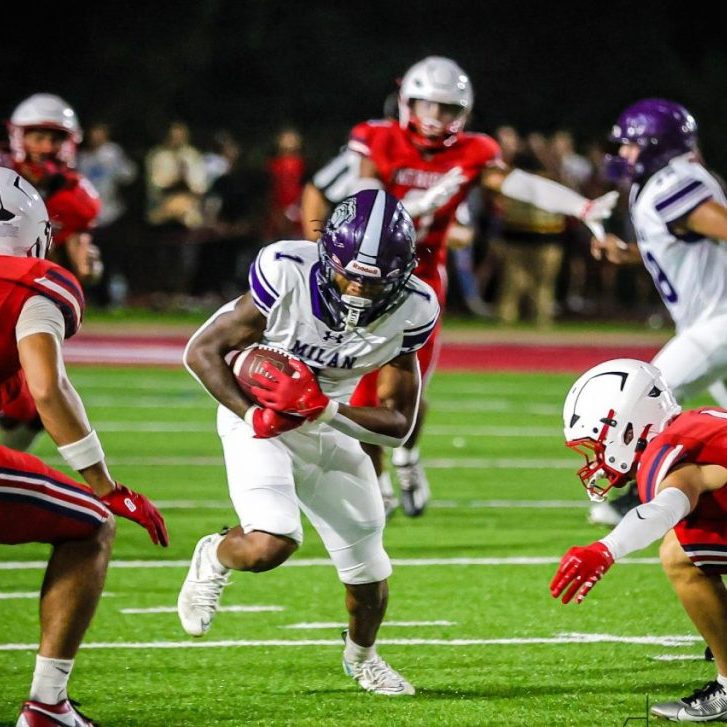 Milan's Jay Donaldson (1) runs after catching a pass against Henry County during the Henry County Jamboree at Henry County on Aug. 14, 2026. Photo by Carrie Hurt