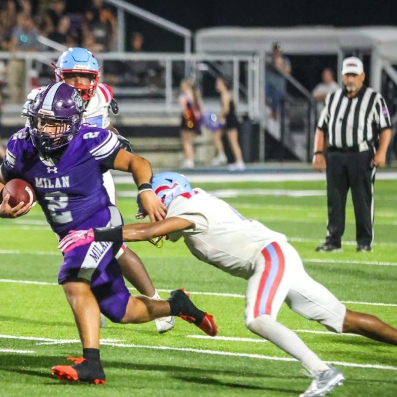 Milan's Carson Kelley (2) runs the ball against Gibson County during a Region 7-2A high school football game at Johnnie Hale Stadium on Sept. 18, 2026. Photo by Carrie Hurt.