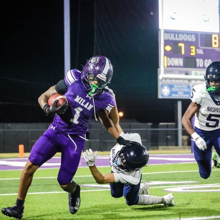 Milan's Jay Donaldson (1) gets up the field after catching a pass against Nashville Collegiate Prep at Johnnie Hale Stadium on Oct. 23, 2026. Photo by Carrie Hurt.