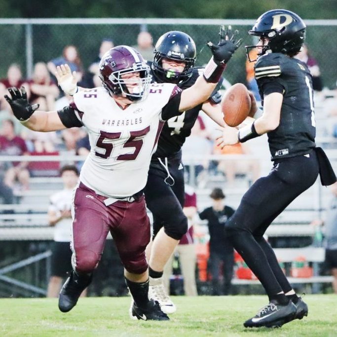 West Carroll's Cole Mueller (55) goes in for a tackle against Dresden during a Region 7-1A high school football game at Dresden on Sept. 4, 2026. Photo by Pam Dietz.