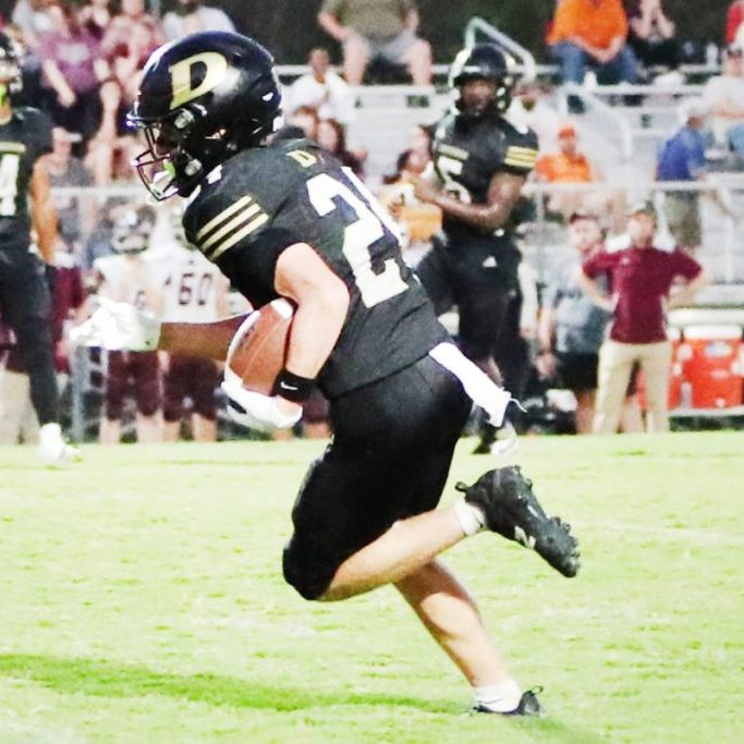 Dresden's JonReece Allman (24) turns up the field after catching a pass against West Carroll during a Region 7-1A high school football game at Dresden on Sept. 4, 2026. Photo by Pam Dietz.