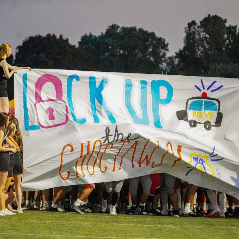 The South Gibson football team prepares to run onto the field before playing Dyer County at Dyer County during the 2026 season.
