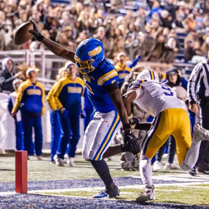 Westview's Asa Barnes (5) scored a touchdown against Covington during a Class 3A high school football state semifinal game at Hardy Graham Stadium on Nov. 28, 2025.
