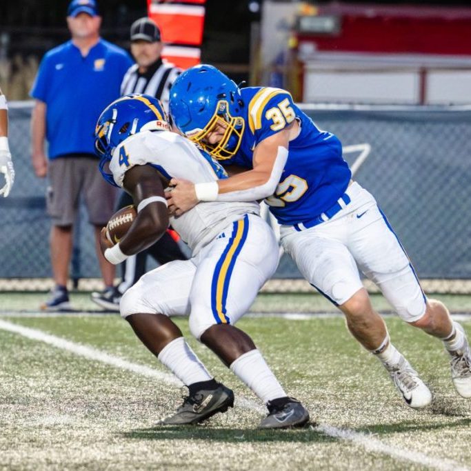 Westview's Finn Snider (35) makes a tackle against McNairy Central during a Region 7-3A high school football game at Hardy Graham Stadium on Sept. 18, 2026. Photo by Christel Laney.